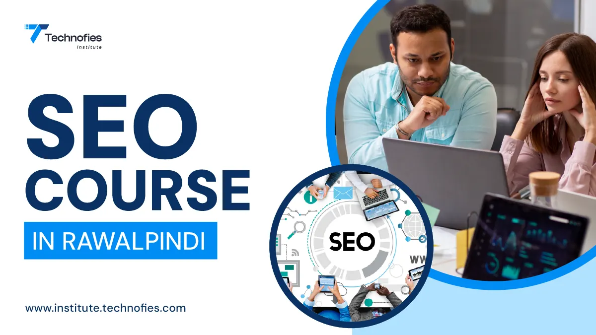 This image is about SEO Course in Rawalpindi and people are discussing about SEO on laptop.